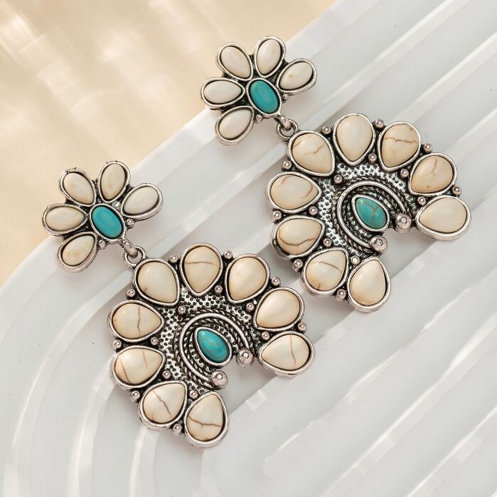 Elegant Western Silver and Turquoise Floral Earrings